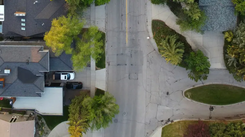 Aerial view of a suburban neighborhood with tree-lined streets
